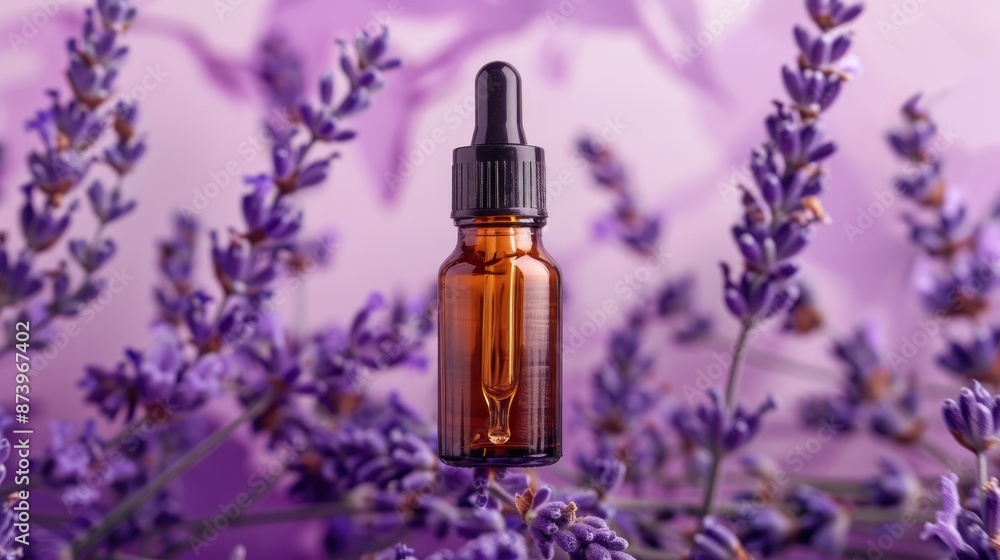 Cosmetic bottle with dropper for spa serum on lavender background Cosmetic bottle with dropper for spa serum on lavender background