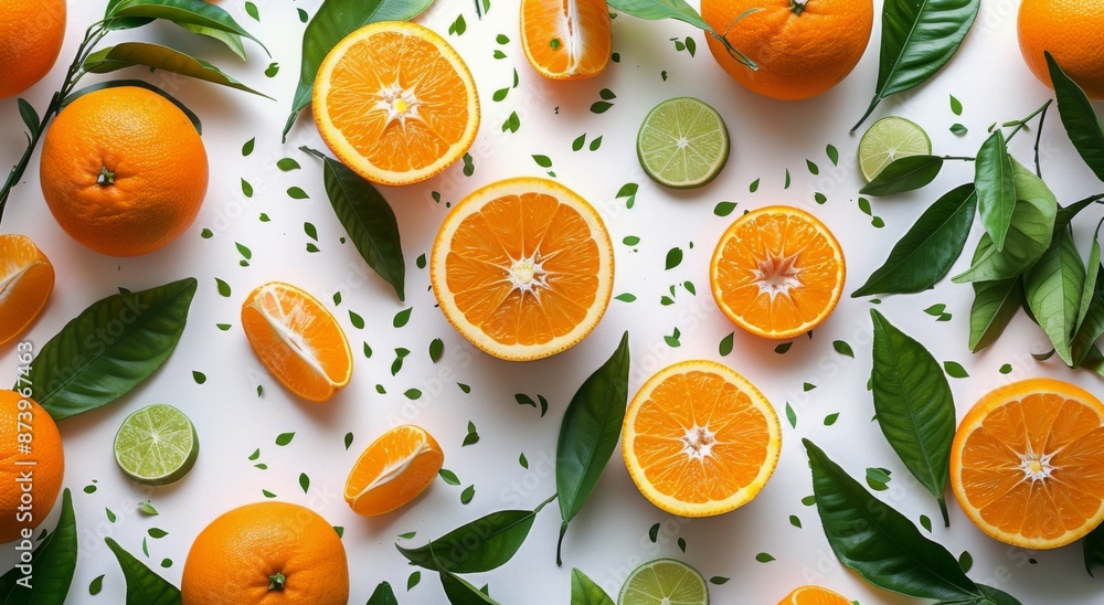 Freshly Cut Oranges and Limes With Green Leaves on White Background Freshly Cut Oranges and Limes With Green Leaves on White Background