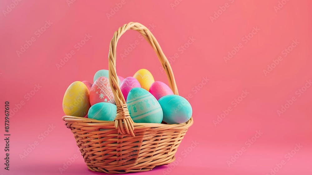 Fototapeta premium Easter basket filled with easter eggs over on magenta background