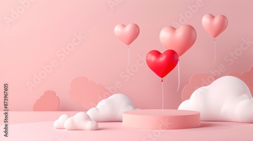 Love is in the Air: Pink and Red Heart Balloons with Clouds and a Podium photo