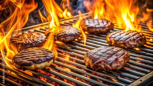 Searing heat from gas grill flames vaporizes fat on rusty metal grates, sizzling burgers and steaks to juicy perfection. photo