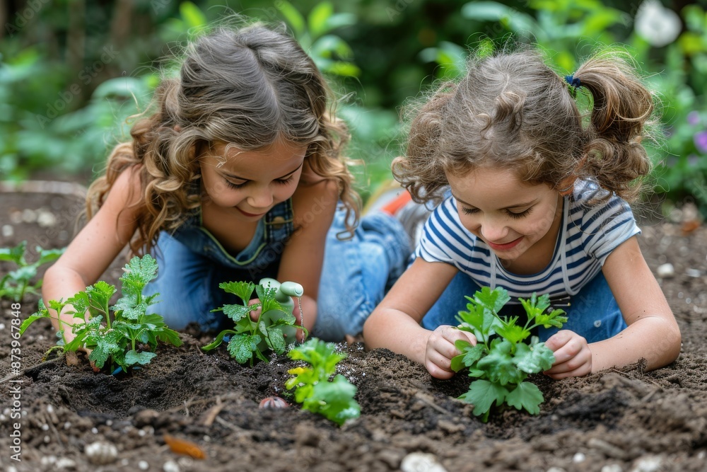 Two Young Girls Tending to Plants in a Garden Two Young Girls Tending to Plants in a Garden