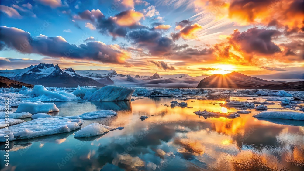 Beautiful sunset over melting Icelandic glaciers Beautiful sunset over melting Icelandic glaciers