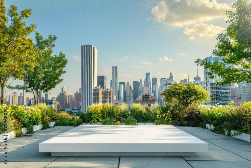 Fototapeta premium White podium in an urban rooftop garden, cityscape blending with greenery, modern and natural