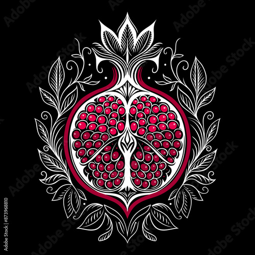 Granatapfel Ornament mit Blättern. Aufgeschnittene Frucht, Obst. Sommerliches Fineline Design.