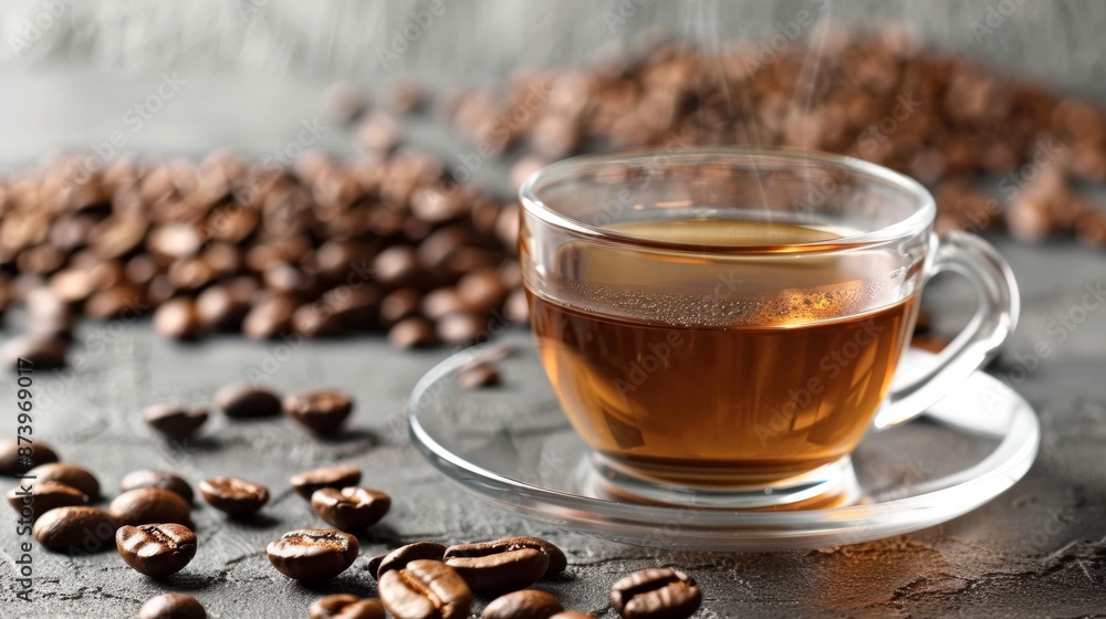 Steaming Coffee in Glass Cup with Beans Steaming Coffee in Glass Cup with Beans