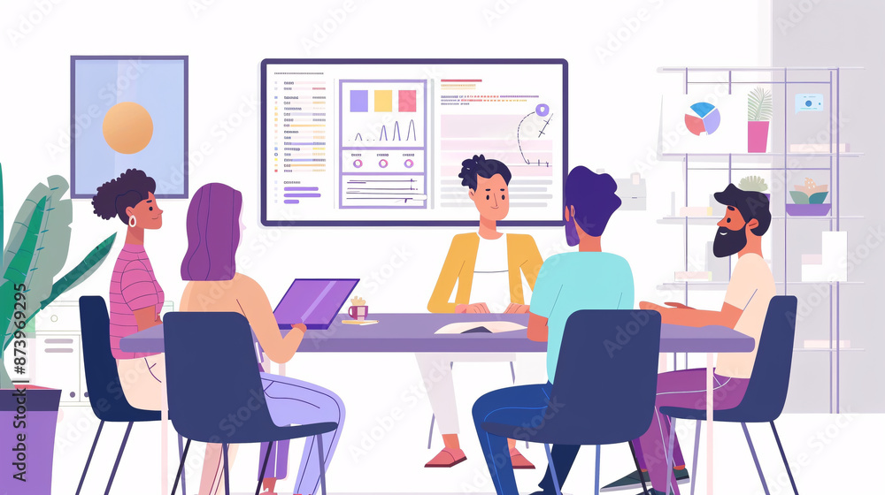 The project manager delivers a presentation to a young, diverse creative team in a meeting room at an agency. Colleagues are seated behind the conference table, engaging in discussions The project manager delivers a presentation to a young, diverse creative team in a meeting room at an agency. Colleagues are seated behind the conference table, engaging in discussions
