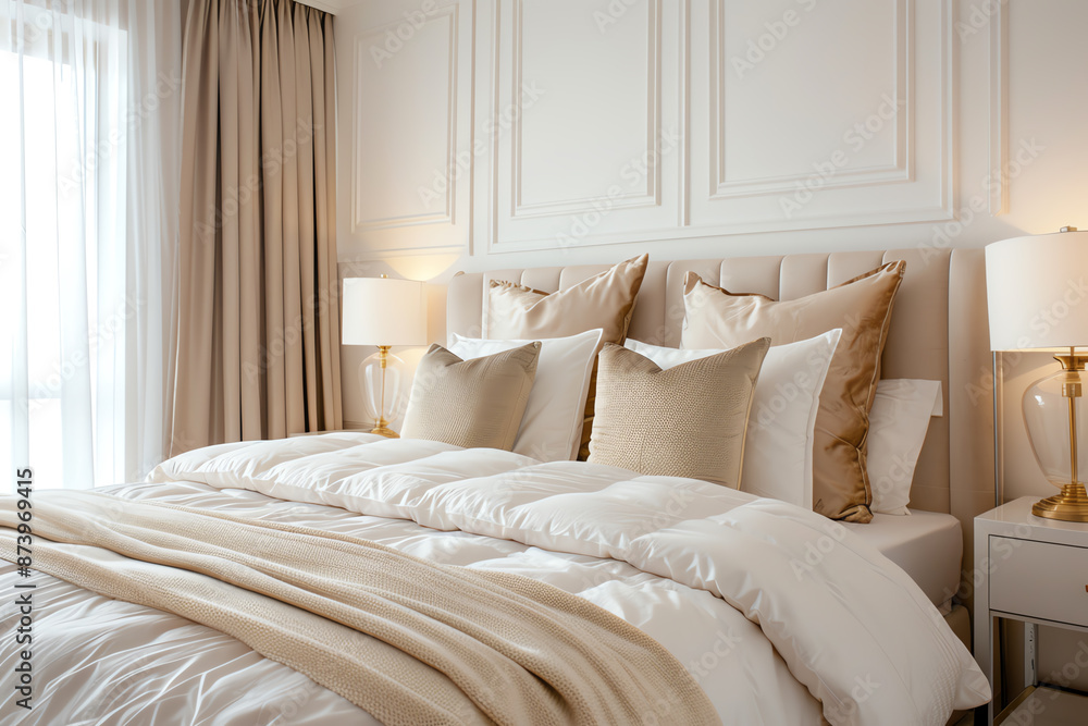 A luxurious double bed with plush pillows and a cozy duvet in a stylishly decorated bedroom, Elegant, High detail, Comfortable and inviting atmosphere A luxurious double bed with plush pillows and a cozy duvet in a stylishly decorated bedroom, Elegant, High detail, Comfortable and inviting atmosphere