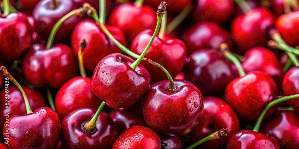 Close-up shot of vibrant red cherries with stems, showcasing their ripe and fresh appearance, red, cherries, fruit, ripe Close-up shot of vibrant red cherries with stems, showcasing their ripe and fresh appearance, red, cherries, fruit, ripe