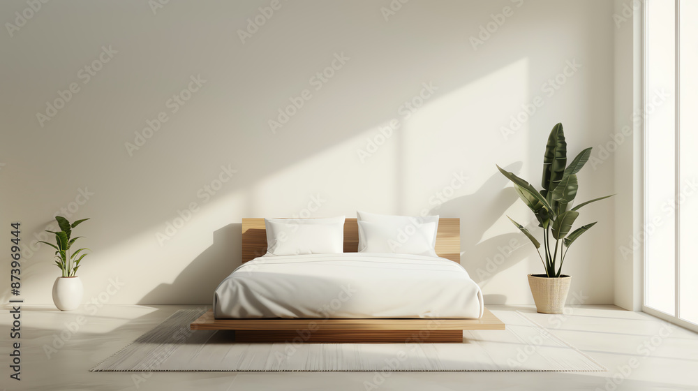 A minimalist bedroom with a low platform bed, white linens, and large indoor plants, Scandinavian design, Natural light, Soft pastels, Calm and serene atmosphere A minimalist bedroom with a low platform bed, white linens, and large indoor plants, Scandinavian design, Natural light, Soft pastels, Calm and serene atmosphere