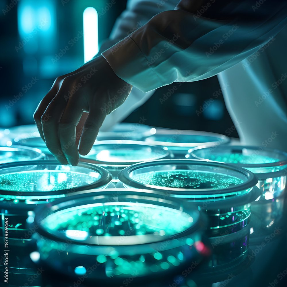 Naklejka premium Bioengineer Developing Futuristic Tissue Cultures in Petri Dish with Bright Lighting