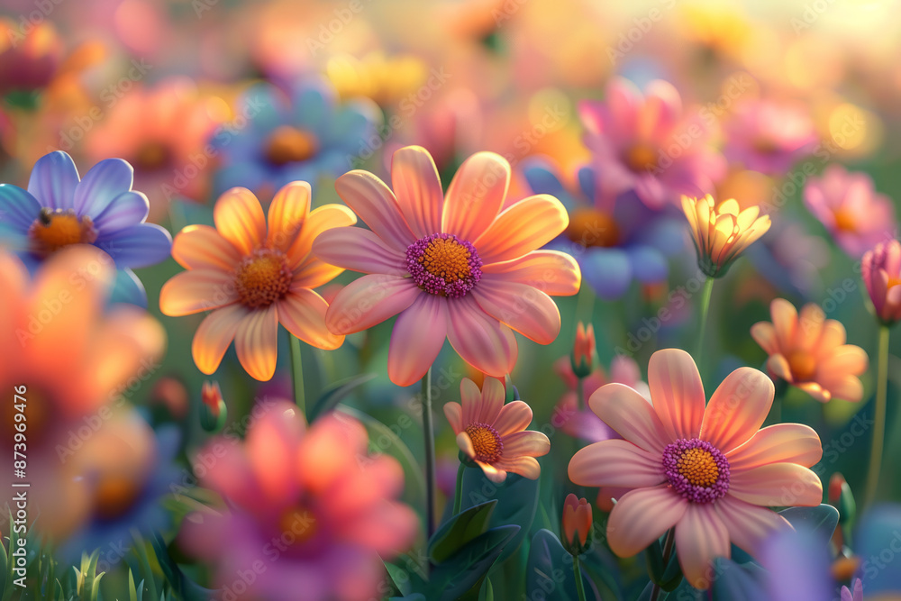 Close-up of a vector illustration of a soft flower field, with a minimalist design and bright, cheerful colors, Close-up of a vector illustration of a soft flower field, with a minimalist design and bright, cheerful colors,