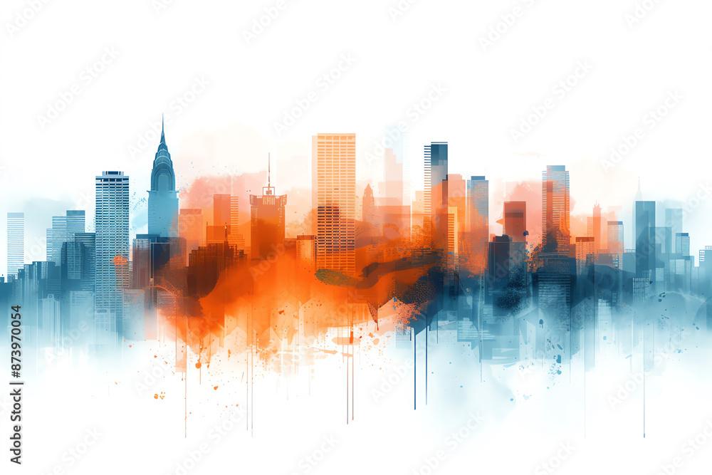 Obraz premium An artistic interpretation of a cityscape with watercolor splashes and ink outlines, Urban, High contrast, Dynamic and creative representation