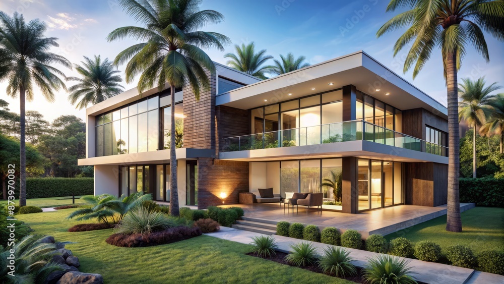 Modern luxury villa with sleek lines, large windows, and elegant facade, nestling among lush greenery and majestic palm trees. Modern luxury villa with sleek lines, large windows, and elegant facade, nestling among lush greenery and majestic palm trees.