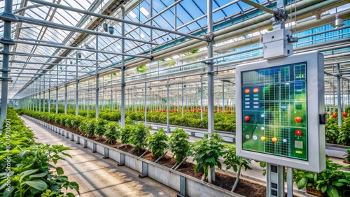 State-of-the-art greenhouse with advanced sensors and digital screens displaying real-time data on plant health and growth optimization metrics.