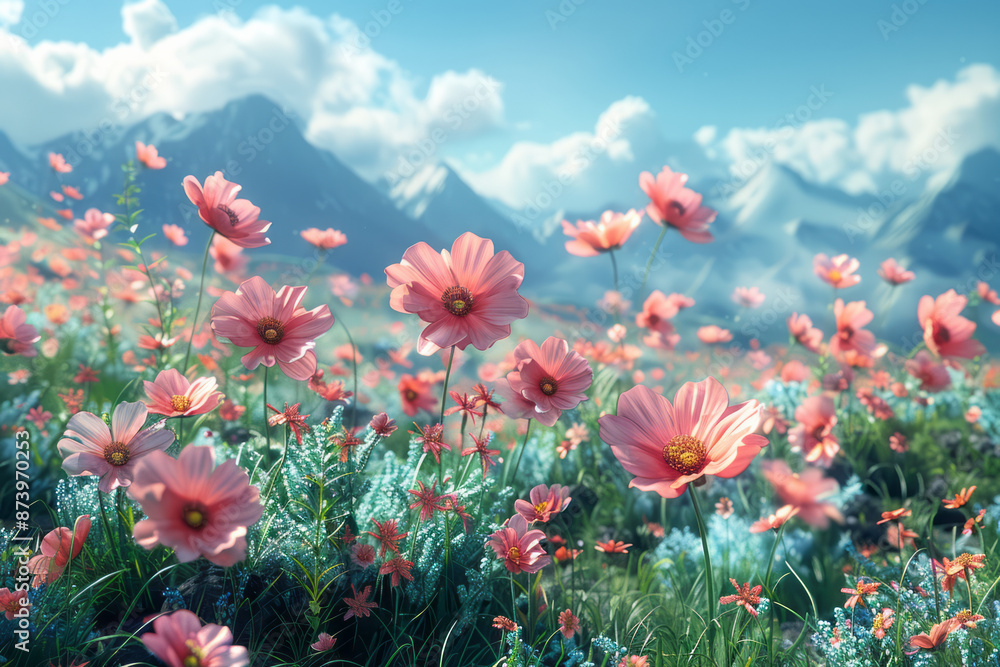 Close-up of a cartoon landscape featuring a field of soft flowers, with a minimalist approach and clean lines, Close-up of a cartoon landscape featuring a field of soft flowers, with a minimalist approach and clean lines,