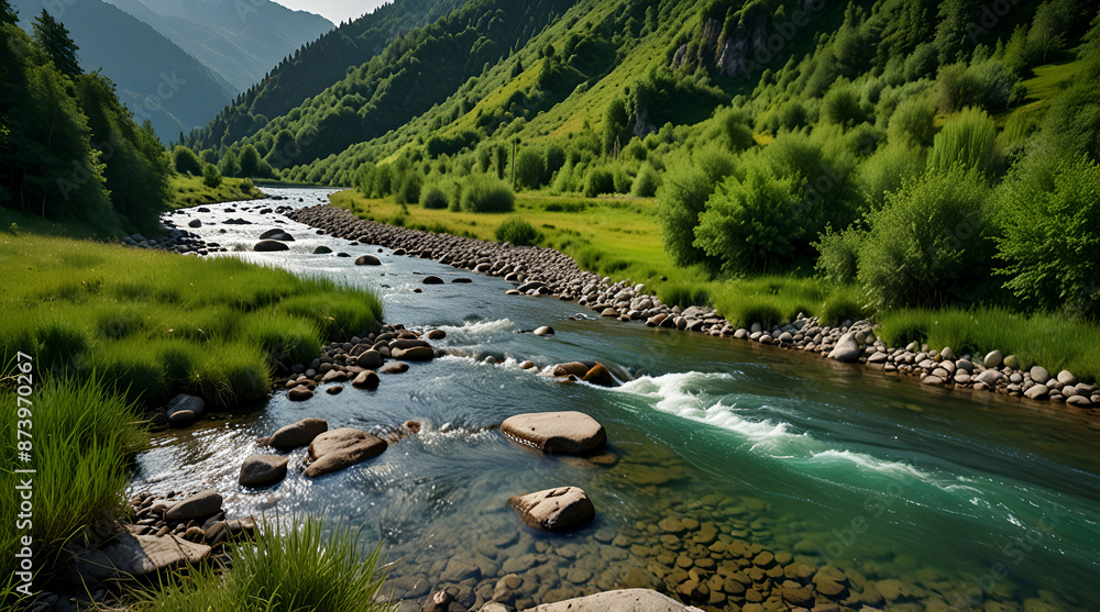 Fototapeta premium mountain landscape with river. green environment background, generative.ai 