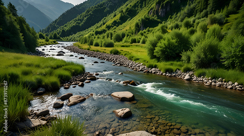 mountain landscape with river. green environment background, generative.ai
 photo