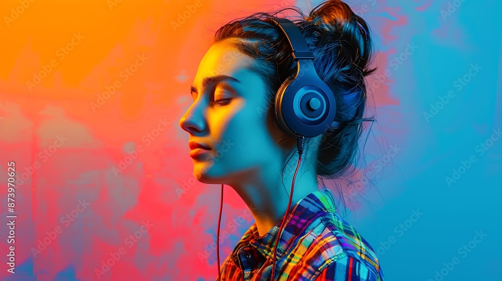 Vibrant Urban Music Vibes - Stylish Young Woman in Headphones Enjoying Colorful Studio Sound Experience Vibrant Urban Music Vibes - Stylish Young Woman in Headphones Enjoying Colorful Studio Sound Experience