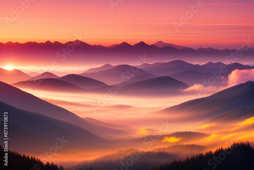 Golden Dawn Illuminates Misty Mountain Peaks.