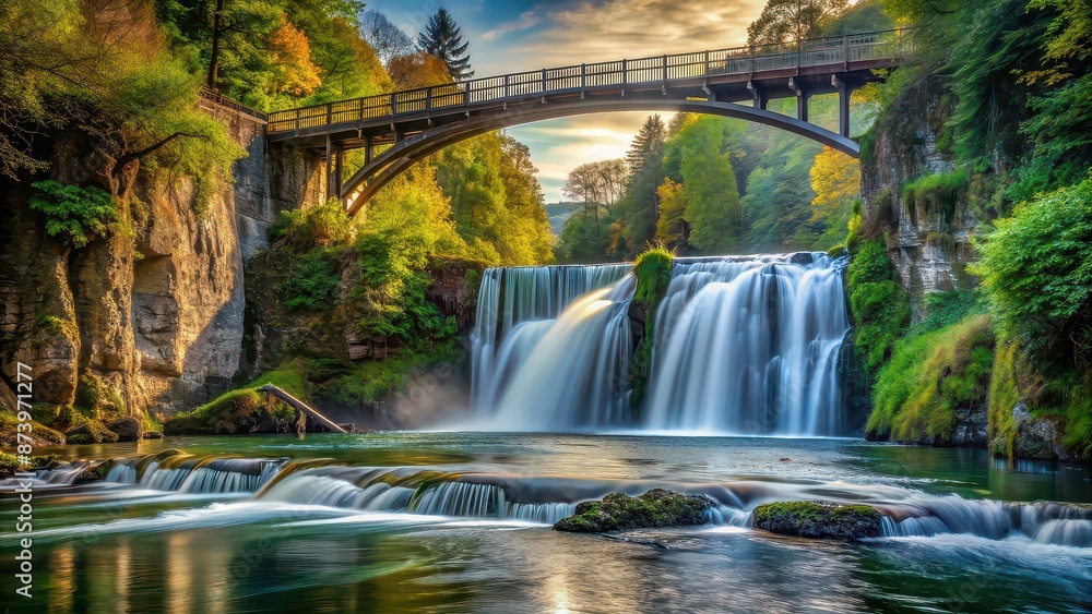 Obraz premium Bridge over a river with a stunning waterfall in the background, bridge, river, waterfall, nature, scenic, landscape, outdoor