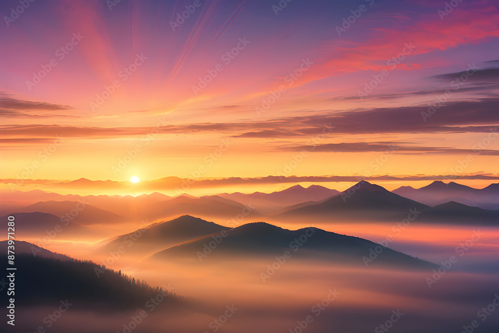 Golden Dawn Illuminates Misty Mountain Peaks. Golden Dawn Illuminates Misty Mountain Peaks.