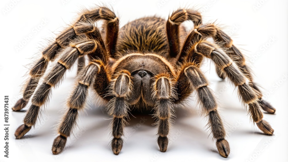 A menacing giant Goliath tarantula with thick hairy legs and body sprawls imposingly against a stark white background. A menacing giant Goliath tarantula with thick hairy legs and body sprawls imposingly against a stark white background.