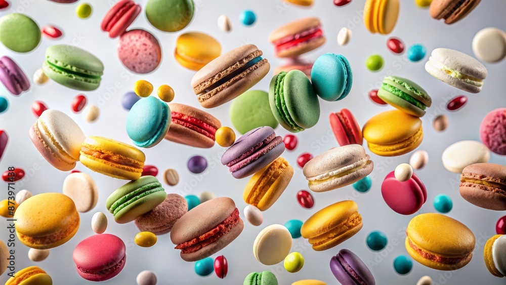 Vibrant assorted macarons suspended in mid-air against a pristine white background, exuding sweetness and delicate charm. Vibrant assorted macarons suspended in mid-air against a pristine white background, exuding sweetness and delicate charm.