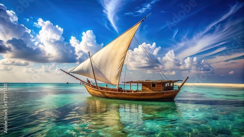 Ancient Arab dhow sailing in the Indian Ocean, Arab, dhow, trade, sailing, boat, traditional, wooden, ocean, ancient, historic