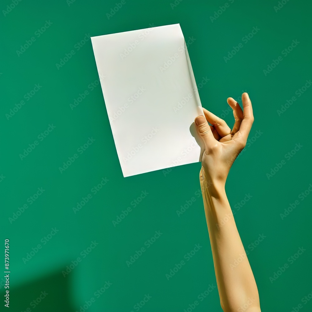 Hand holding a blank sheet of paper against a green background Hand holding a blank sheet of paper against a green background