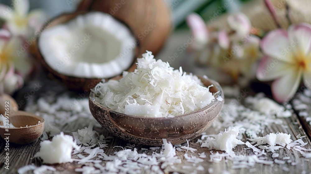 Fresh shredded coconut in wooden bowl with whole coconuts Fresh shredded coconut in wooden bowl with whole coconuts