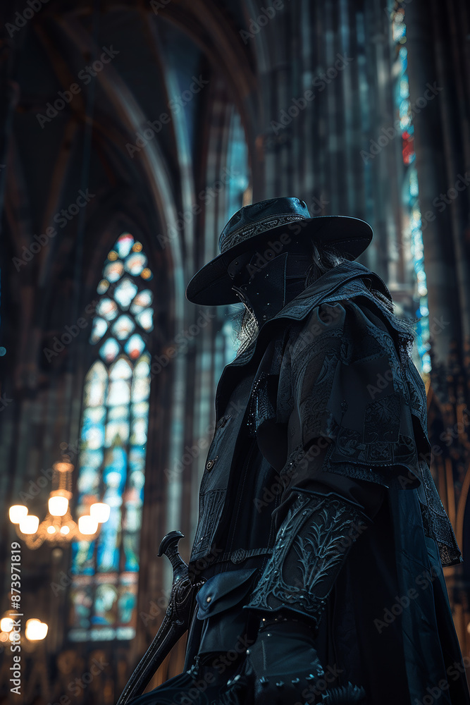 A shadowy figure in a wide-brimmed hat and intricate leather garb stands watch in a grand cathedral, their sword held at the ready. A shadowy figure in a wide-brimmed hat and intricate leather garb stands watch in a grand cathedral, their sword held at the ready.