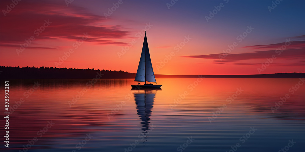 Fototapeta premium Serene Sailboat Gliding Across Tranquil Lake at Twilight with Stunning Sunset Reflection