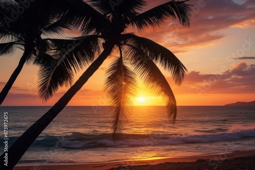 Fototapeta Naklejka Na Ścianę i Meble -  Sunset beach tree silhouette.