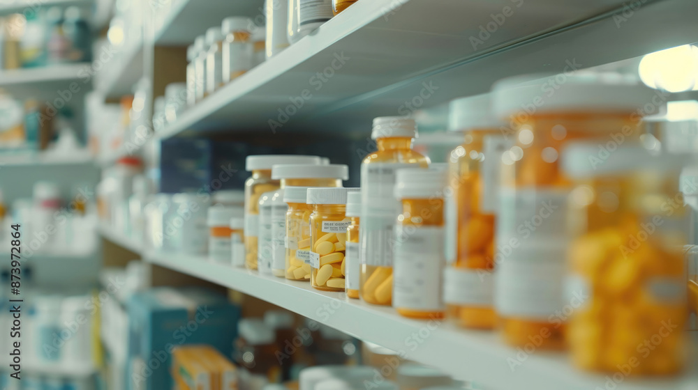 A close-up shot of shelves in a pharmacy with various pills and bottles, showcasing an array of different medical products A close-up shot of shelves in a pharmacy with various pills and bottles, showcasing an array of different medical products