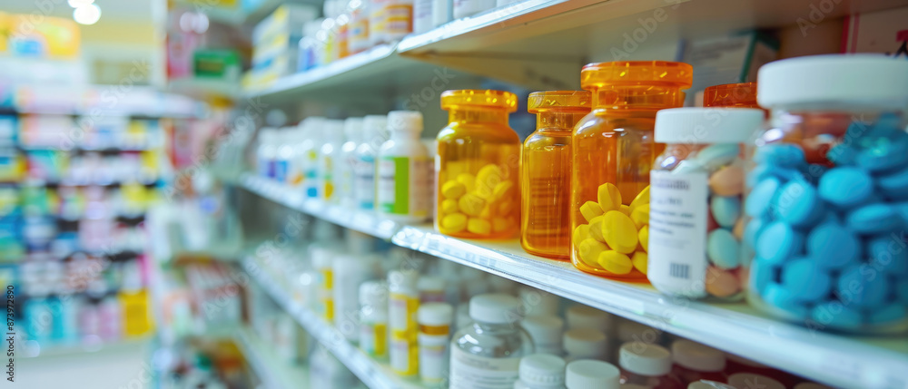 A close-up shot of shelves in a pharmacy with various pills and bottles, showcasing an array of different medical products A close-up shot of shelves in a pharmacy with various pills and bottles, showcasing an array of different medical products