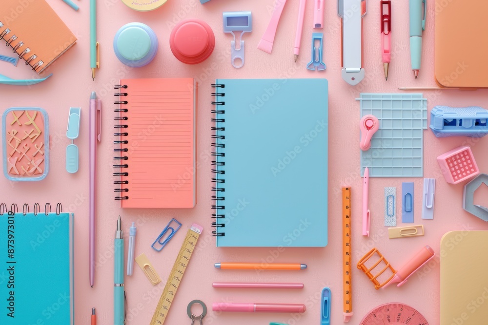 A flat lay of assorted school items - notebooks, pens, rulers, art supplies A flat lay of assorted school items - notebooks, pens, rulers, art supplies