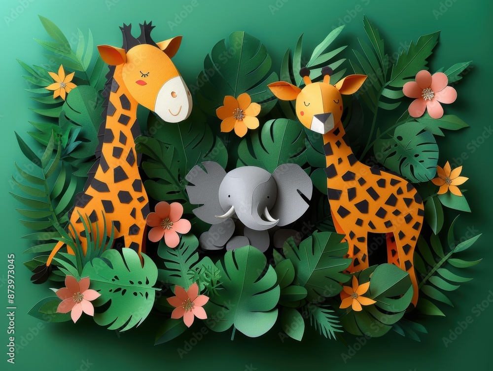 Naklejka premium Paper cut zoo animals in a lush jungle.