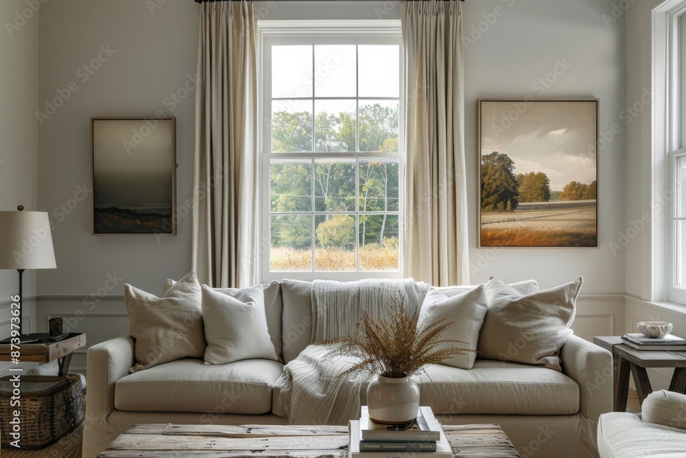 Interior of living room with white sofa, pillows, coffee table and window Interior of living room with white sofa, pillows, coffee table and window