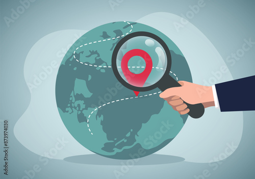 Hand Hold Magnifying Glass Over World Map Searching Place For Route or Vacation Gps Pin Vector Illustration. Business strategy.