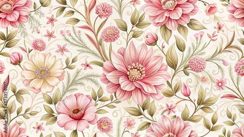 Wallpaper Mural Delicate pink flowers with intricate details and soft petals repeating in a seamless pattern on a creamy white background. Torontodigital.ca