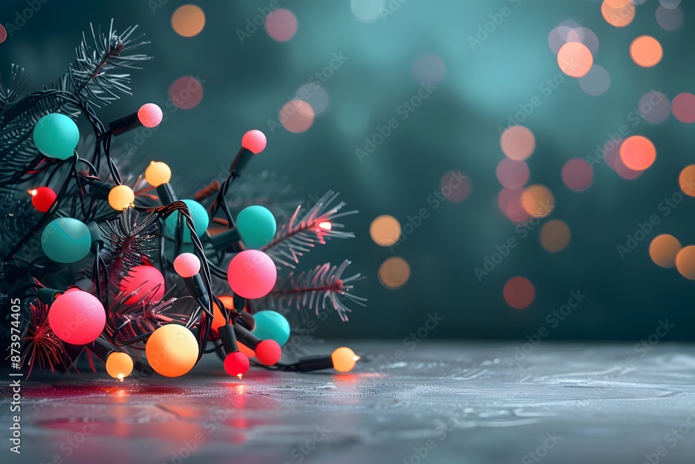 Colorful holiday string lights glowing on frosty surface with festive bokeh background Colorful holiday string lights glowing on frosty surface with festive bokeh background