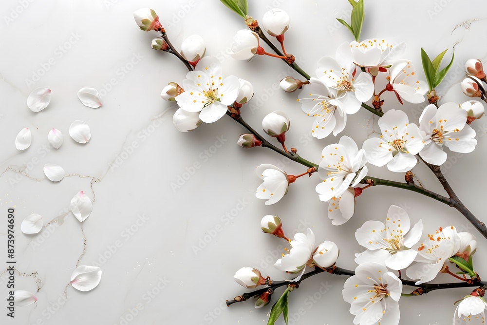 Delicate white cherry blossoms on branches with scattered petals on a marble surface. Delicate white cherry blossoms on branches with scattered petals on a marble surface.