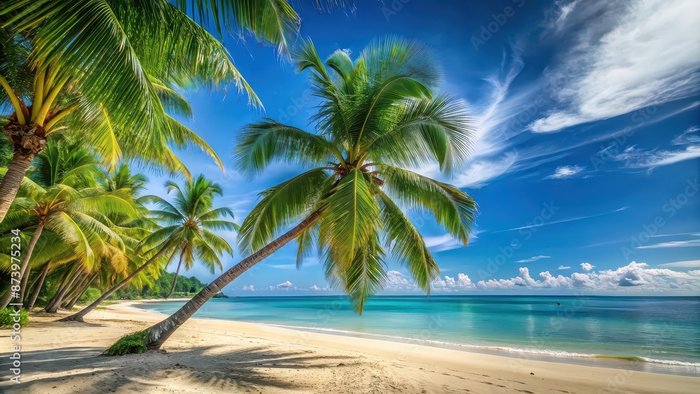 Tropical beach with palm trees and blue sky , paradise, vacation, holiday, exotic, sandy, shoreline, paradise, relaxation Tropical beach with palm trees and blue sky , paradise, vacation, holiday, exotic, sandy, shoreline, paradise, relaxation