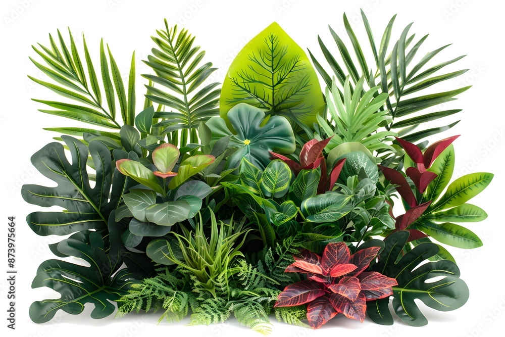 Fototapeta premium Vibrant collection of tropical plants with lush green and red leaves, creating a jungle-like feel