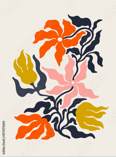 Floral Abstract contemporary poster. Groovy Modern style art in trendy bright...