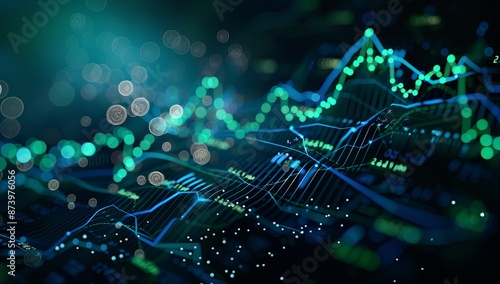 Stock market graph in blue and green colors on a dark background, showcasing financial analysis and planning with charts and graphs, set against an abstract digital backdrop to emphasize its role in b