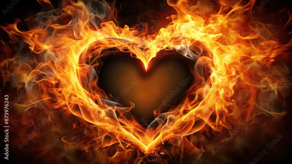 Fototapeta premium Heart engulfed in flames , passion, love, burning, fiery, intense, desire, heat, hot, emotion, combustion, inferno, blaze, flaming