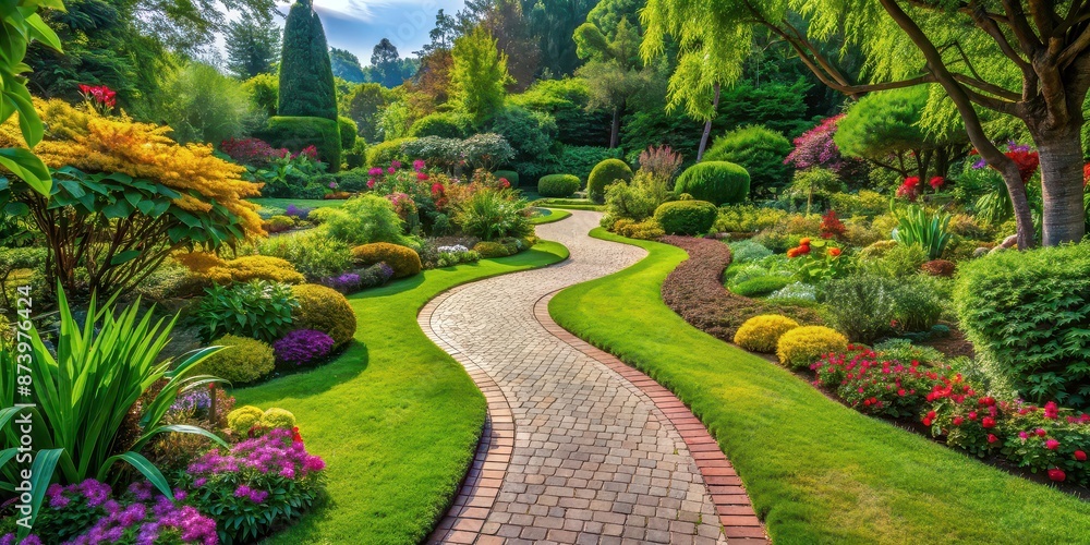 Obraz premium A winding path through a lush garden , garden, walkway, trail, greenery, nature, peaceful, serenity, landscaping, outdoors