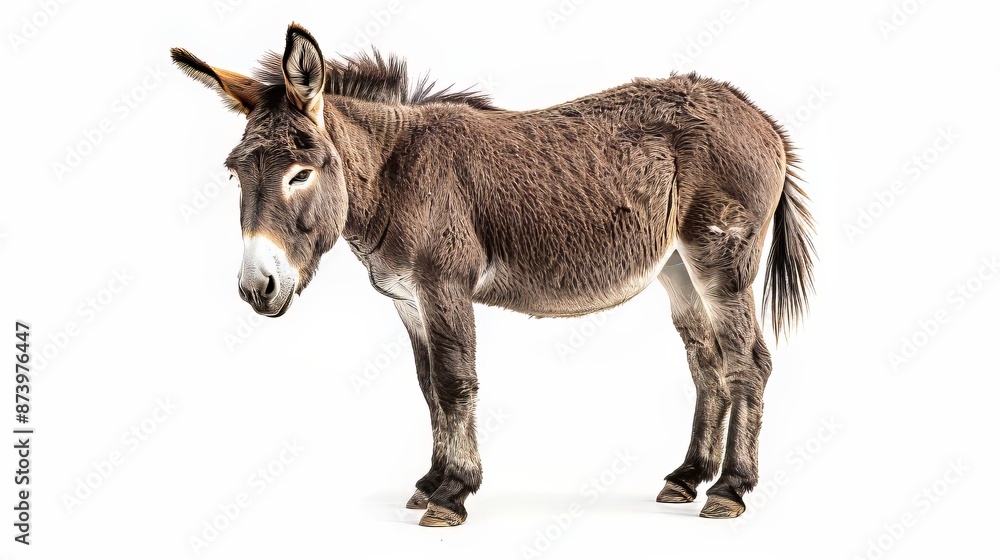 Portrait of a Donkey with a Soft Brown Coat Standing Gracefully on a White Background